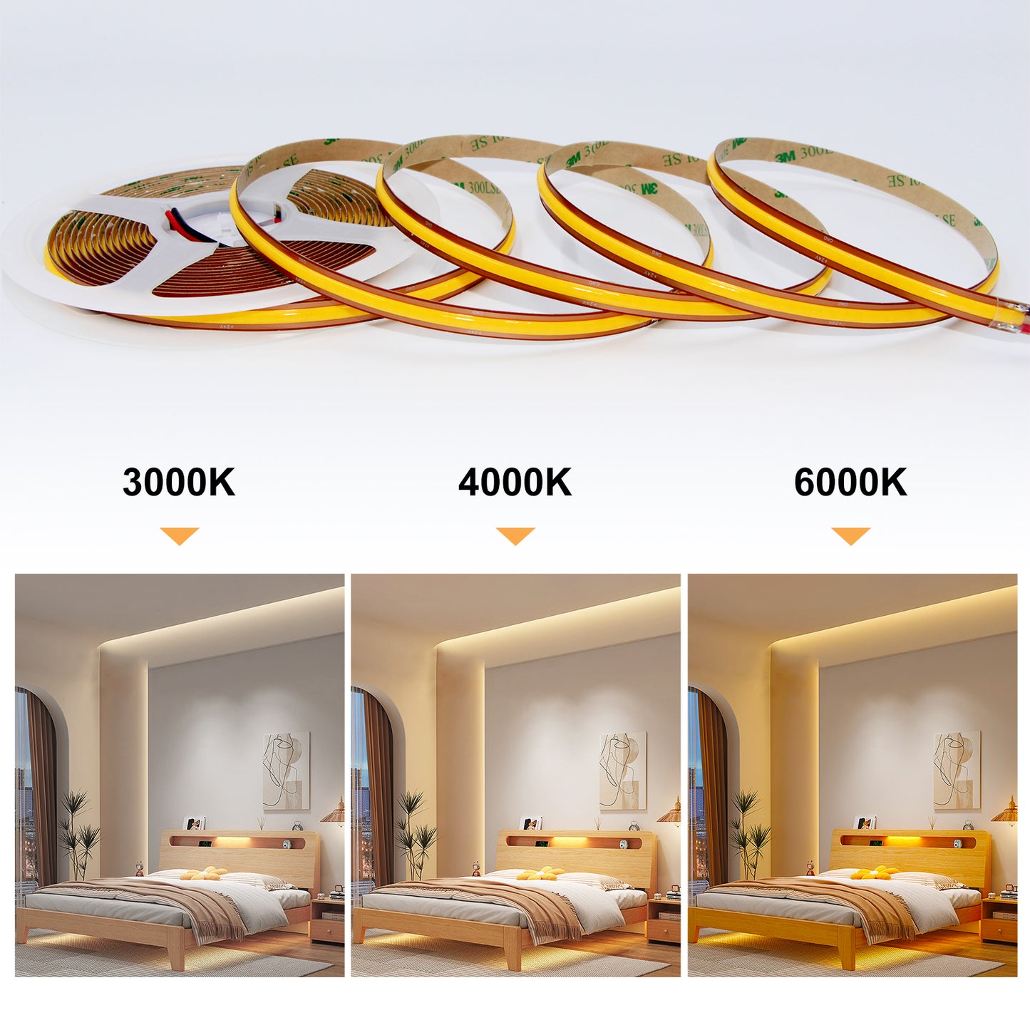 Tira LED COB Alto Voltaje AC240V | 528 LEDs/M | 13W/M | 10M|3 CCT (2700K-6000K) | Luz Continua | IP20