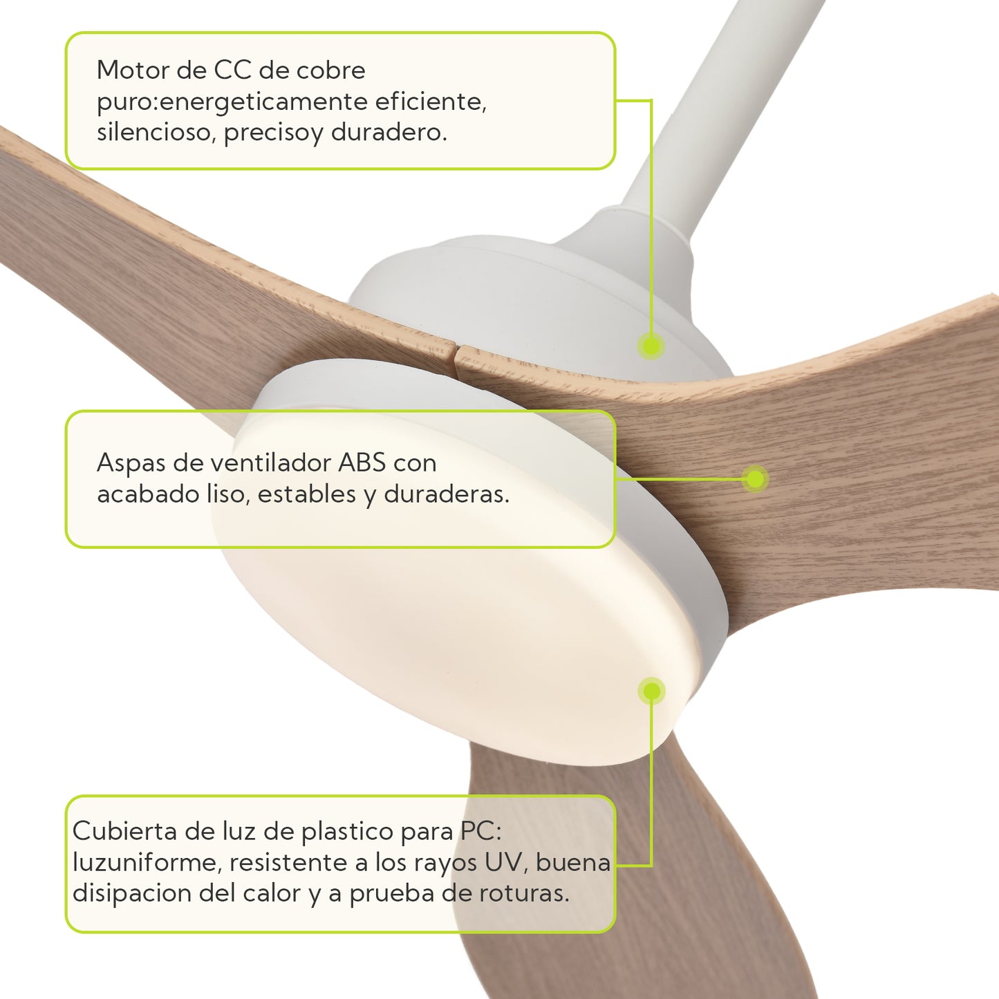 Ventilador de Techo con Luz LED de 3 Aspas 52” (1320 mm) – Motor DC Silencioso, 6 Velocidades, CCT Regulable 3000K–6000K, Blanco o Madera Clara
