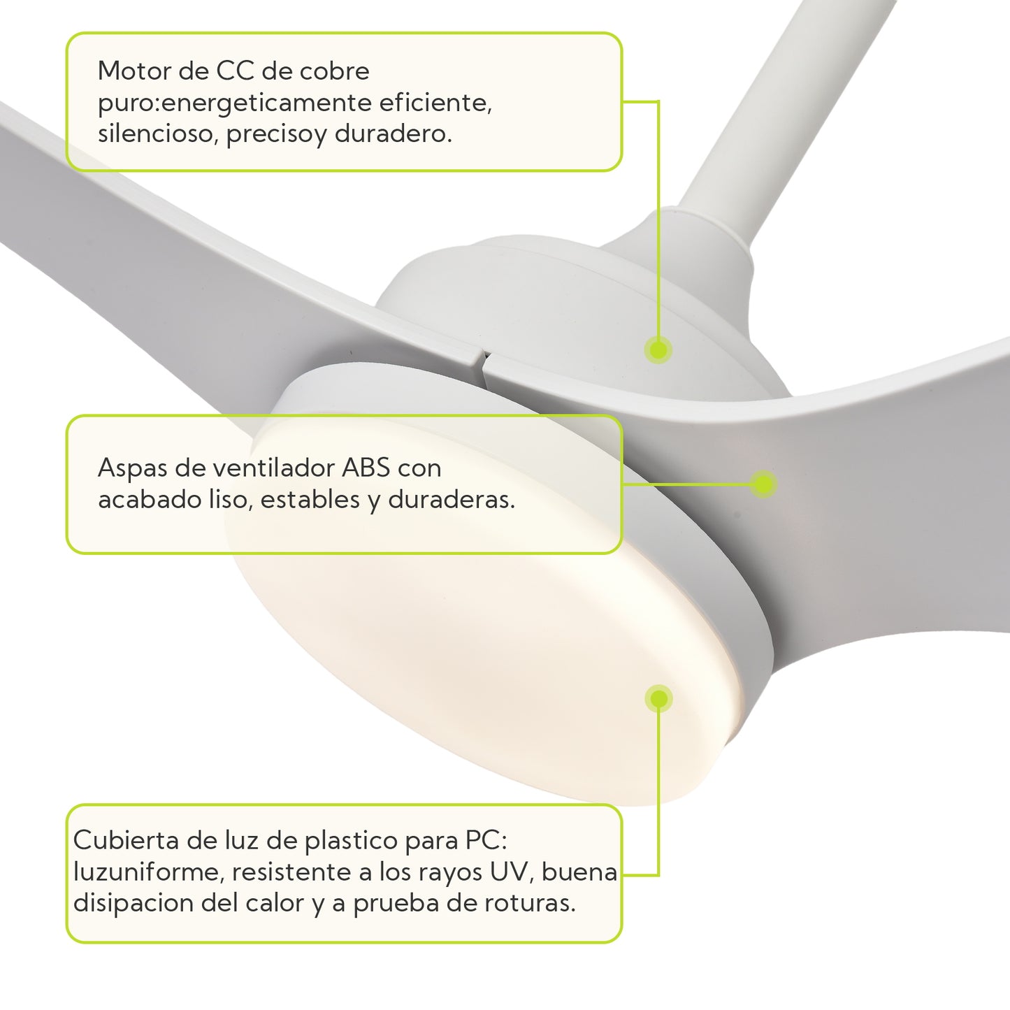 Ventilador de Techo con Luz LED de 3 Aspas 52” (1320 mm) – Motor DC Silencioso, 6 Velocidades, CCT Regulable 3000K–6000K, Blanco o Madera Clara