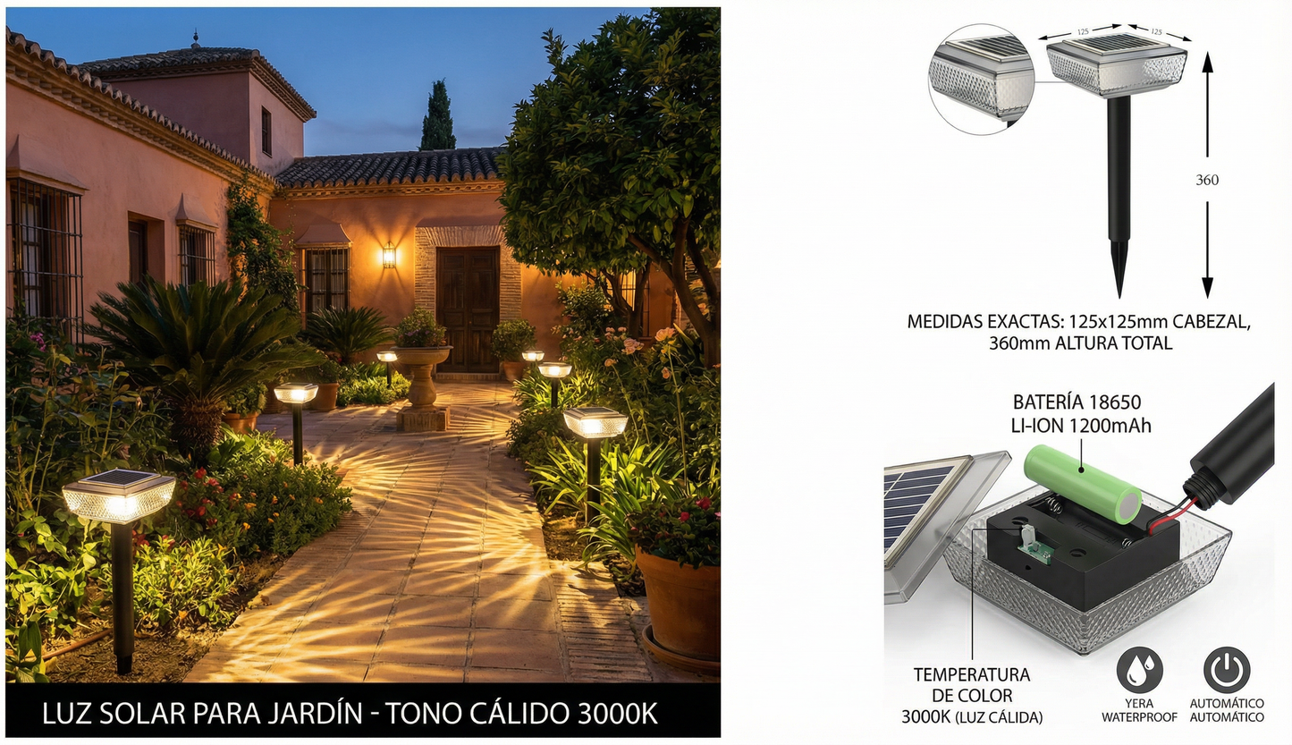 Lámpara Solar de Poste 3000K IP65 Impermeable, Iluminación Exterior para Jardín y Decoración de Árboles