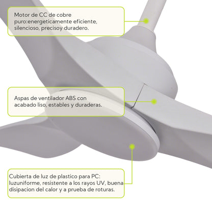 Ventilador de Techo LED 52" con Luz LED Ajustable – 3000K-6000K, AC85-265V，Aspas de plástico