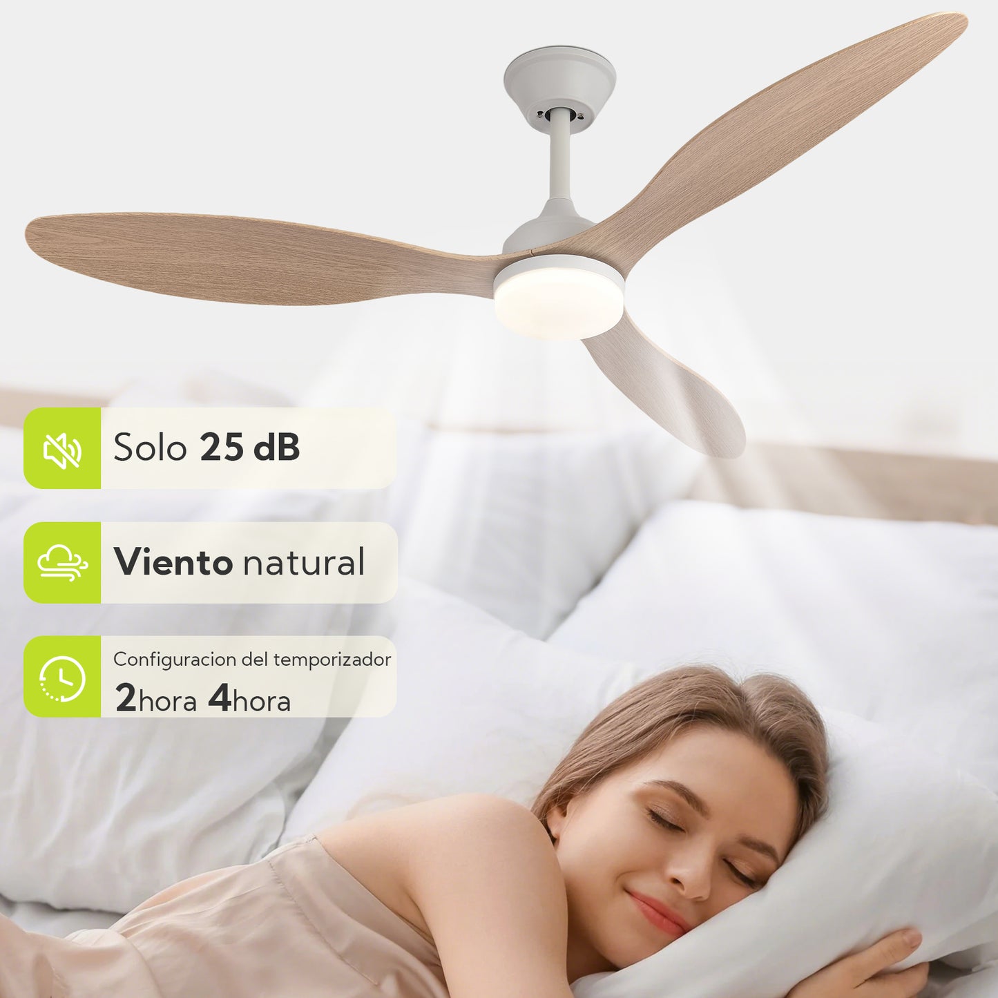 Ventilador de Techo con Luz LED de 3 Aspas 52” (1320 mm) – Motor DC Silencioso, 6 Velocidades, CCT Regulable 3000K–6000K, Blanco o Madera Clara