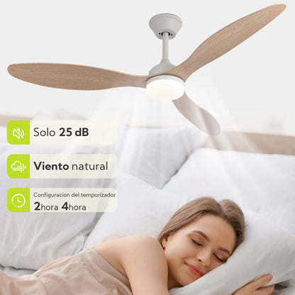 Ventilador de Techo con Luz LED de 3 Aspas 52” (1320 mm) – Motor DC Silencioso, 6 Velocidades, CCT Regulable 3000K–6000K, Blanco o Madera Clara