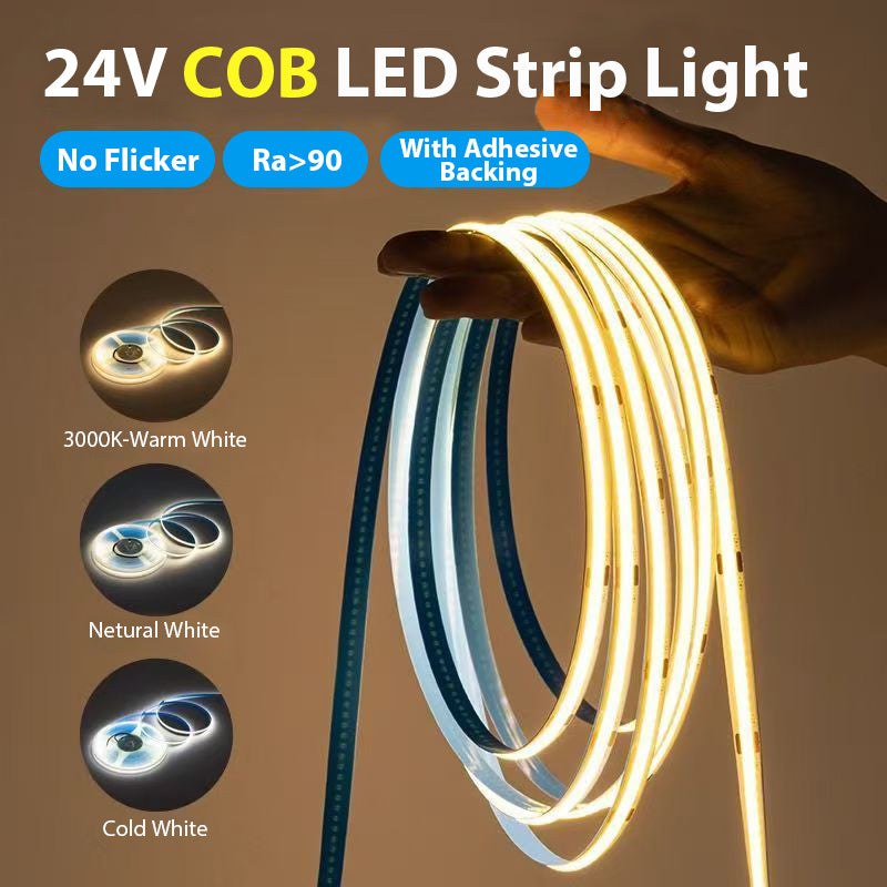 Tira LED COB Alta CRI ≥90 | 320 LEDs/Metro | 24V 8W/M | 5M|10M|3000K/4000K/6000K | Luz Continua sin Puntos | IP20