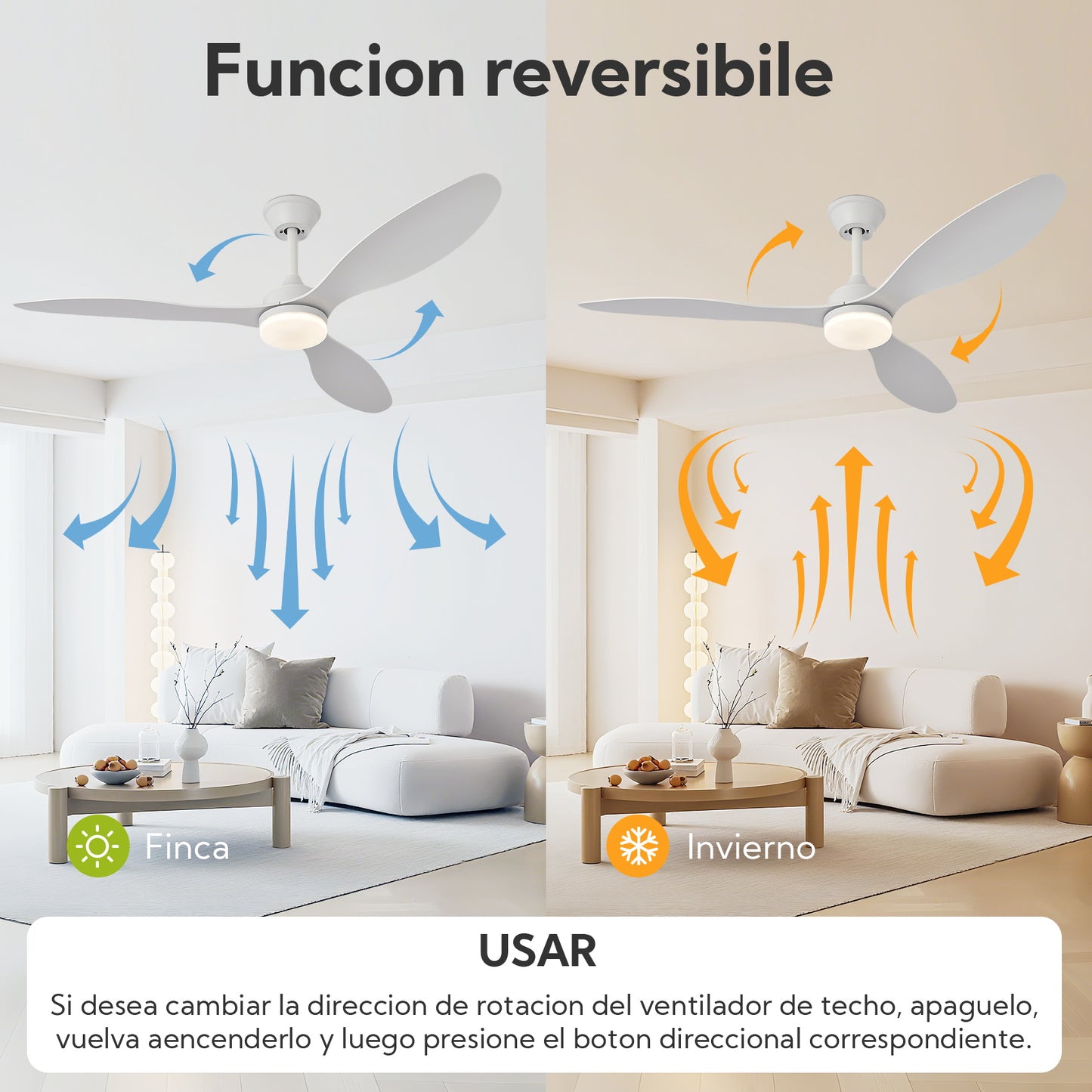 Ventilador de Techo con Luz LED de 3 Aspas 52” (1320 mm) – Motor DC Silencioso, 6 Velocidades, CCT Regulable 3000K–6000K, Blanco o Madera Clara