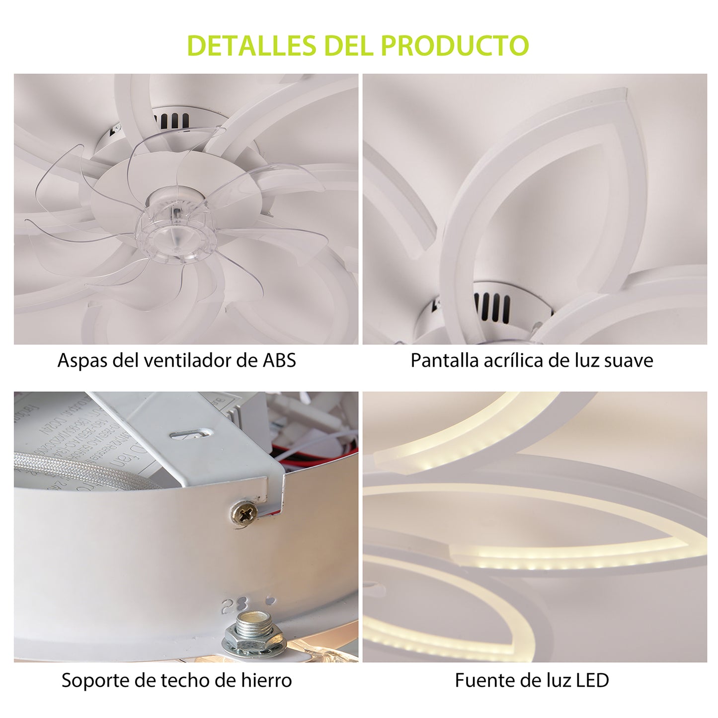 Ventilador de Techo con Luz LED A8003 - 8 Pétalos, 39 Pulgadas, CCT Ajustable 3000K-6000K, Motor DC, Color Blanco