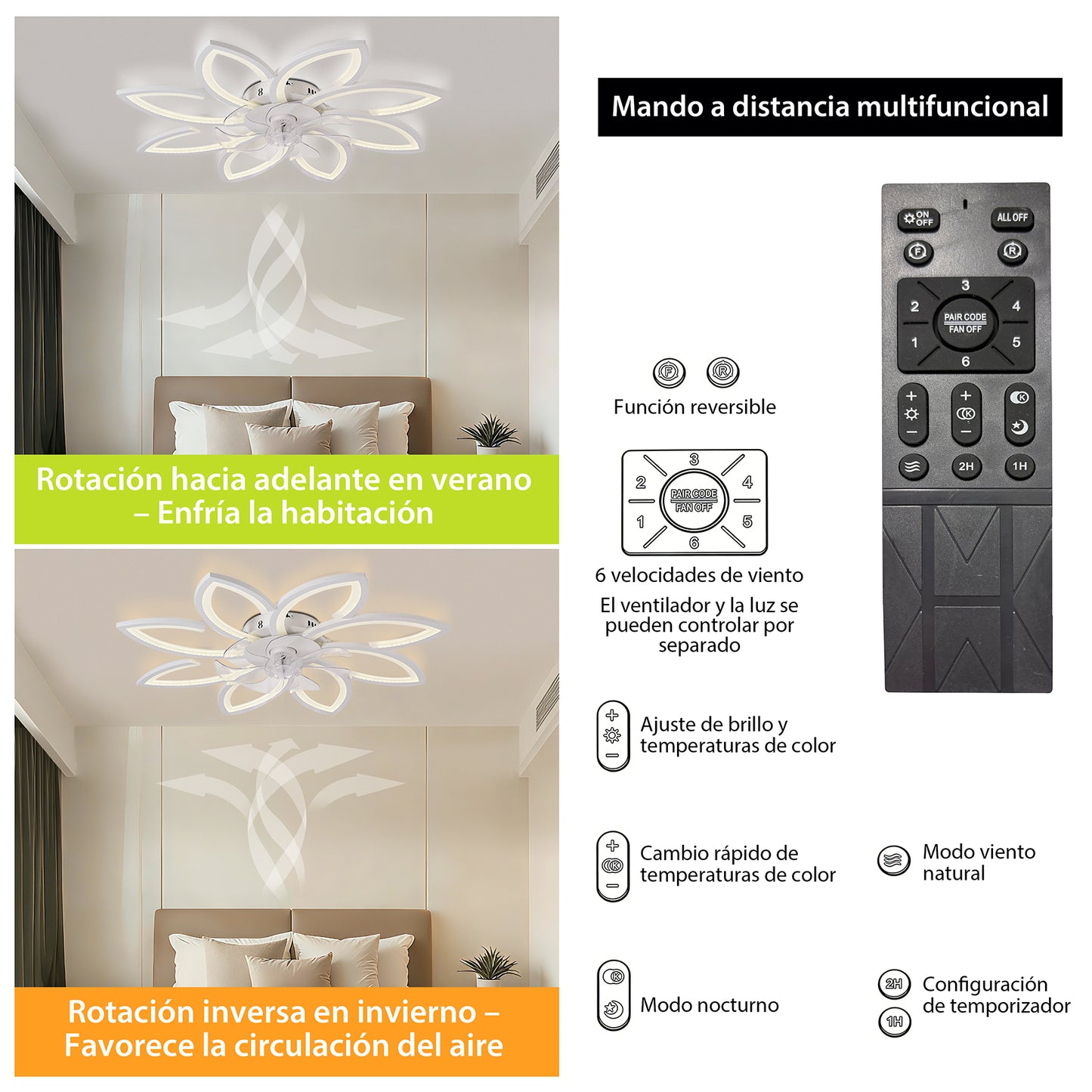 Ventilador de Techo con Luz LED A8003 - 8 Pétalos, 39 Pulgadas, CCT Ajustable 3000K-6000K, Motor DC, Color Blanco