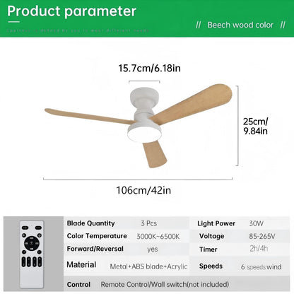 Ventilador de Techo LED 42" Multifunción, Motor DC 30W, 6 Velocidades, CCT 3000K-6000K, IP20, Blanco/Madera
