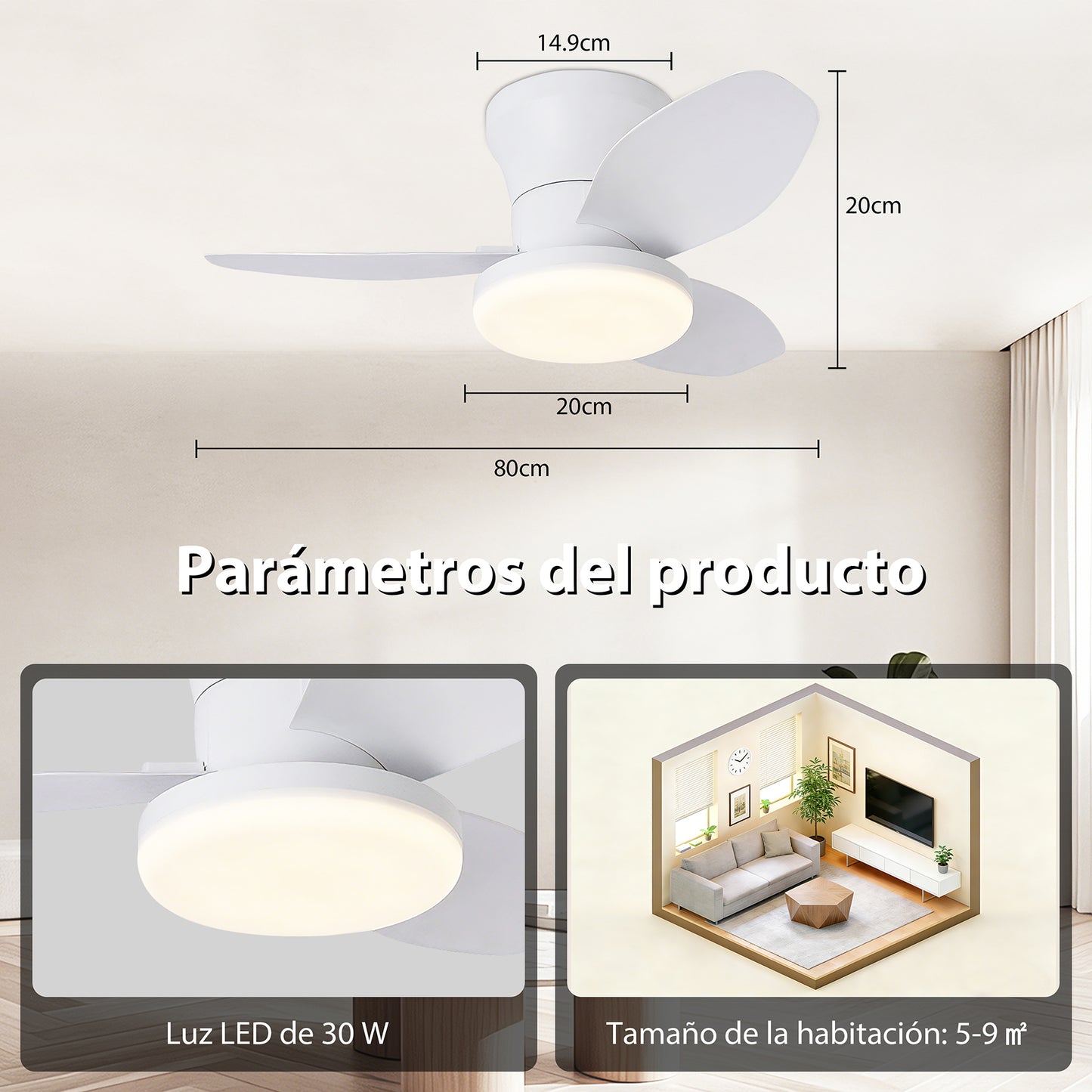 Ventilador de Techo LED RXFL8011 | 30W Luz + 30W Motor DC | 6 Velocidades | 3000K-6000K Ajustable | Blanco、Beige