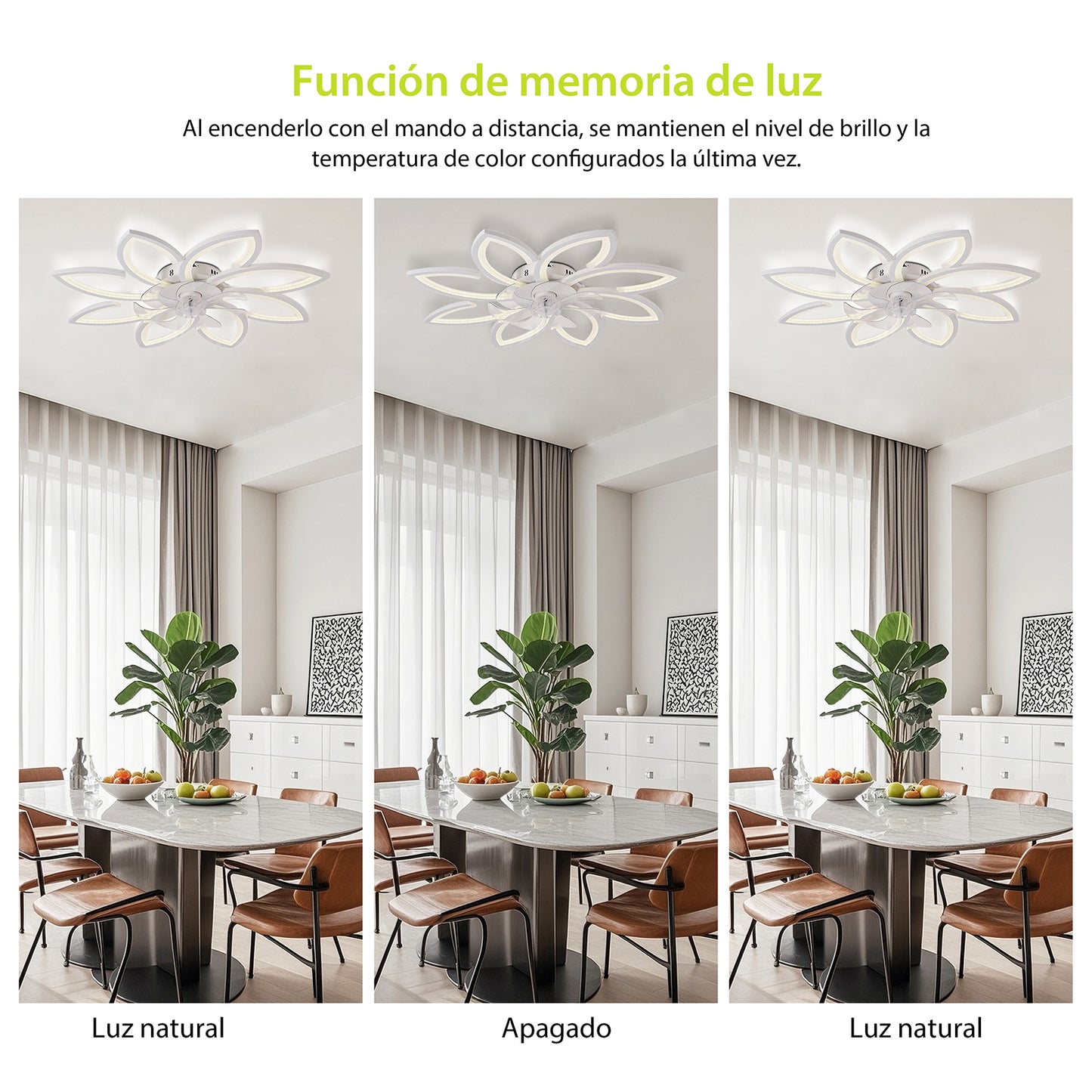 Ventilador de Techo con Luz LED A8003 - 8 Pétalos, 39 Pulgadas, CCT Ajustable 3000K-6000K, Motor DC, Color Blanco
