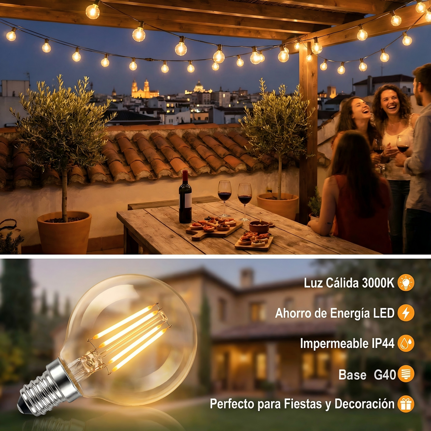 Guirnalda de Bombillas LED G40 Vintage 3-30 Metros, Lámpara E12 Amarilla, 2700K Cálido, Incluye Bombillas de Repuesto - Holaled