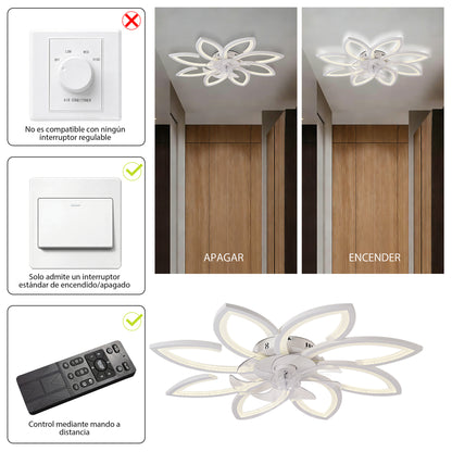 Ventilador de Techo con Luz LED A8003 - 8 Pétalos, 39 Pulgadas, CCT Ajustable 3000K-6000K, Motor DC, Color Blanco