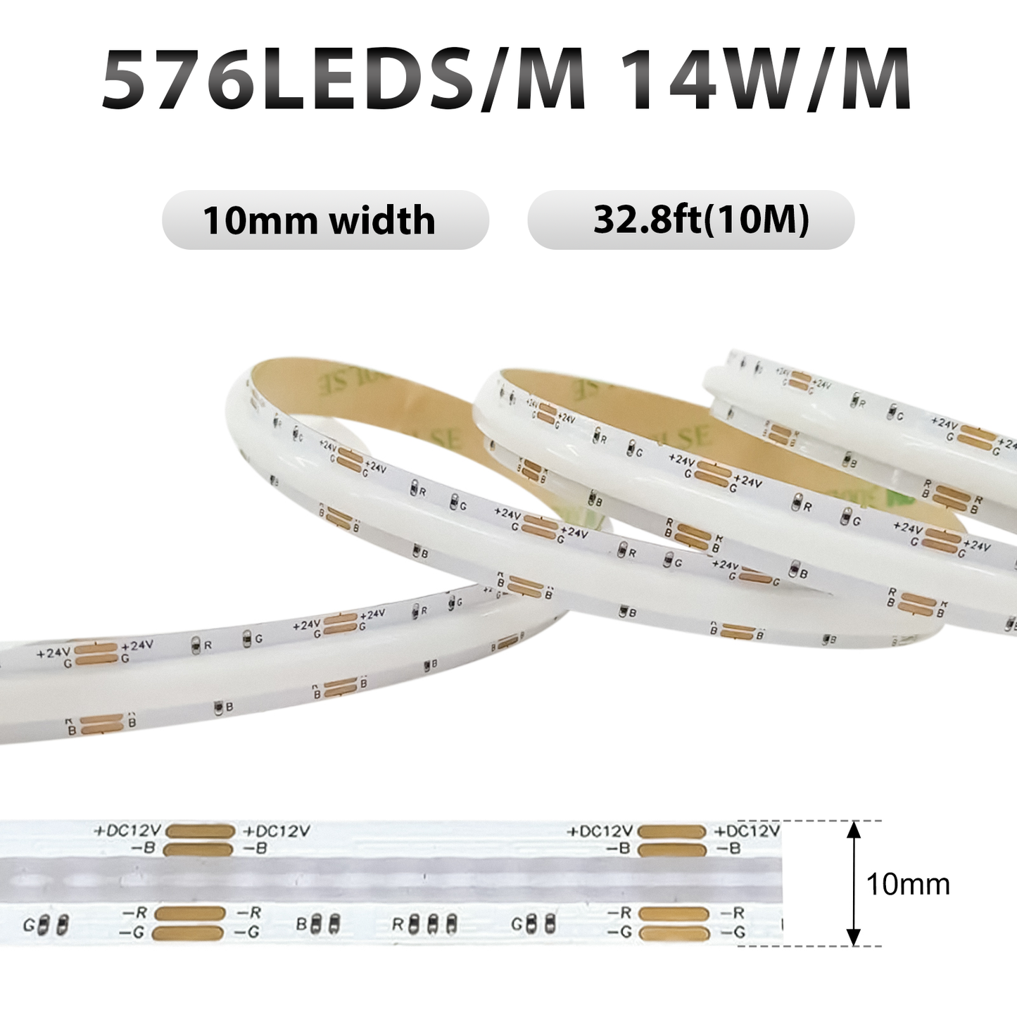 Tira de Luces LED COB RGB | 576 LEDs/Metro | 14W/M |10M| DC24V | IP20 | Barra de Luz Decorativa