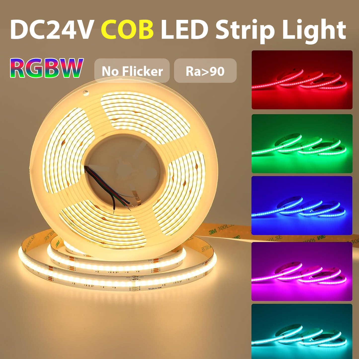 Tira LED COB RGBW 24V | 784 LEDS/Metro | 19W/M | Luz Continua y Uniforme | IP20 | Barra de Luces RGB