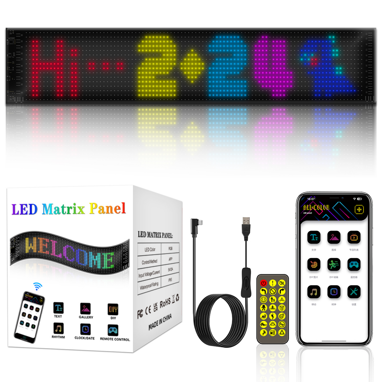Pantalla LED Flexible "Light Canvas" | 16x96 Pixeles (1536 LEDs) | Control por App/Bluetooth/Mando | USB 4.5m | Efectos Arcoíris | Material PU+FPCB | 12x59.5cm
