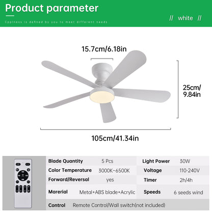 Ventilador de Techo LED 42" Multifuncional - 6 Velocidades, CCT Ajustable 3000K-6000K, Motor DC 30W, IP20