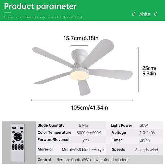 Ventilador de Techo LED 42" Multifuncional - 6 Velocidades, CCT Ajustable 3000K-6000K, Motor DC 30W, IP20