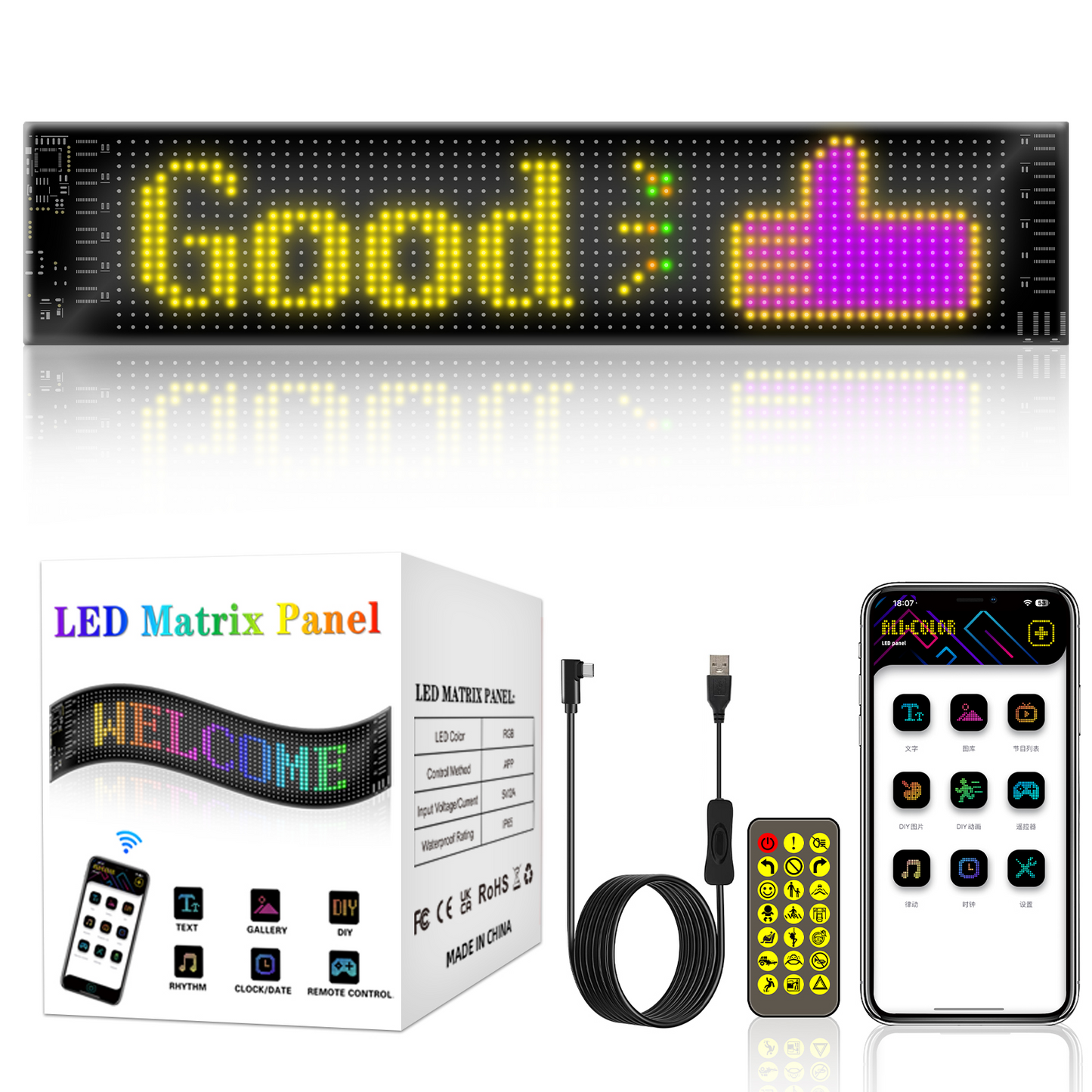 Pantalla LED Flexible IP65 20x64 (1280 LEDs) | 102x348mm | Control por App/Bluetooth/Mando | USB 5V | Material PU+FPCB Impermeable | RGB2121