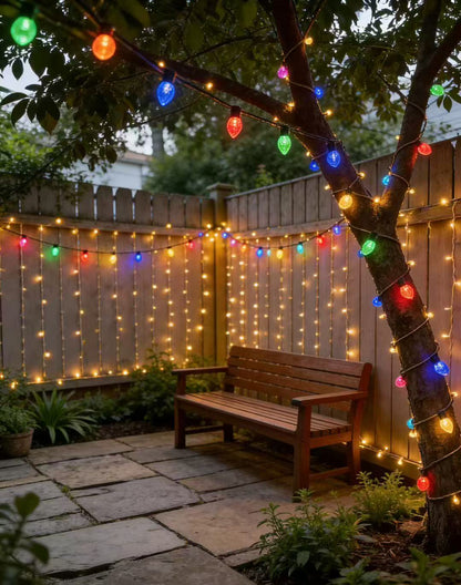 Guirnalda LED C9 con Decoración de Fresas 20M/100L, IP44, Control Remoto + App Bluetooth, 31V 12W, Ideal para Exterior - Holaled