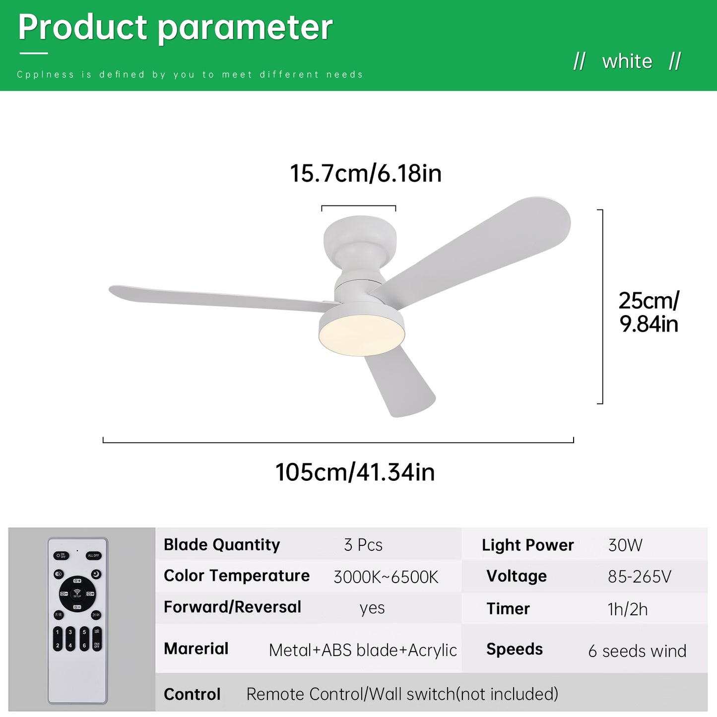 Ventilador de Techo LED 42" Multifunción, Motor DC 30W, 6 Velocidades, CCT 3000K-6000K, IP20, Blanco/Madera