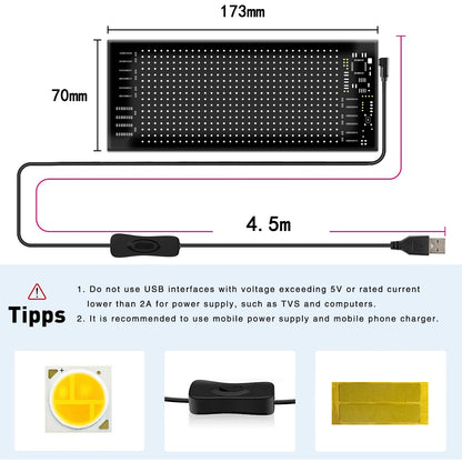 Pantalla LED Flexible IP65 "16x32" | 512 LEDs RGB2121 | Resistente al Agua | Control por App/Bluetooth/Mando | Cable USB 4.5m | 70x173mm | Material PU+FPCB