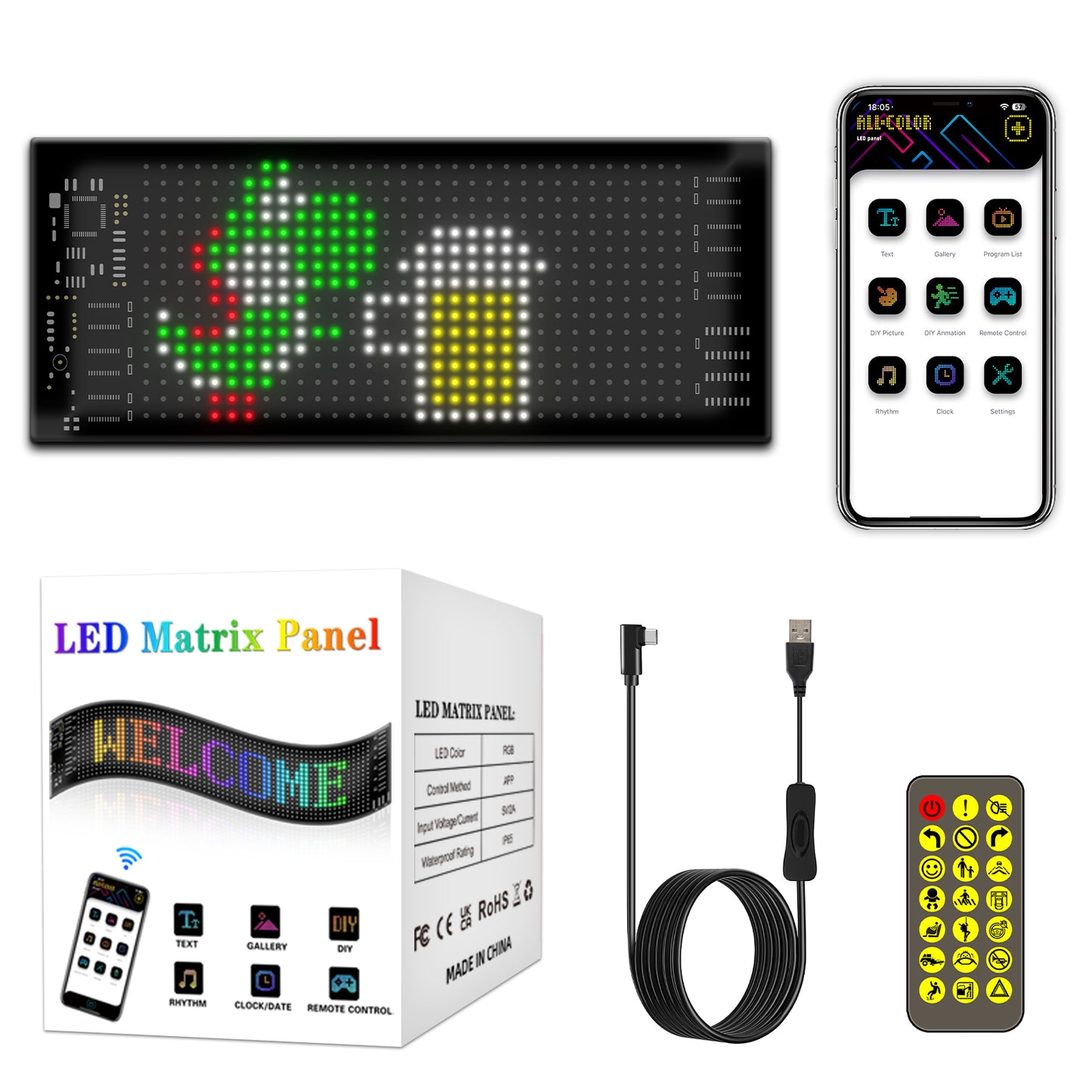 Pantalla LED Flexible IP65 "16x32" | 512 LEDs RGB2121 | Resistente al Agua | Control por App/Bluetooth/Mando | Cable USB 4.5m | 70x173mm | Material PU+FPCB