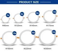 Diagrama que muestra diferentes tamaños de luces de techo LED, desde pequeñas a grandes, con medidas de diámetro y requisitos de instalación.