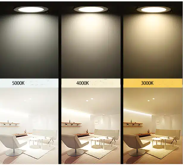 Illustration of the CCT (Correlated Color Temperature) range of an LED ceiling light, displaying various color temperatures from warm yellow to cool white, measured in Kelvin