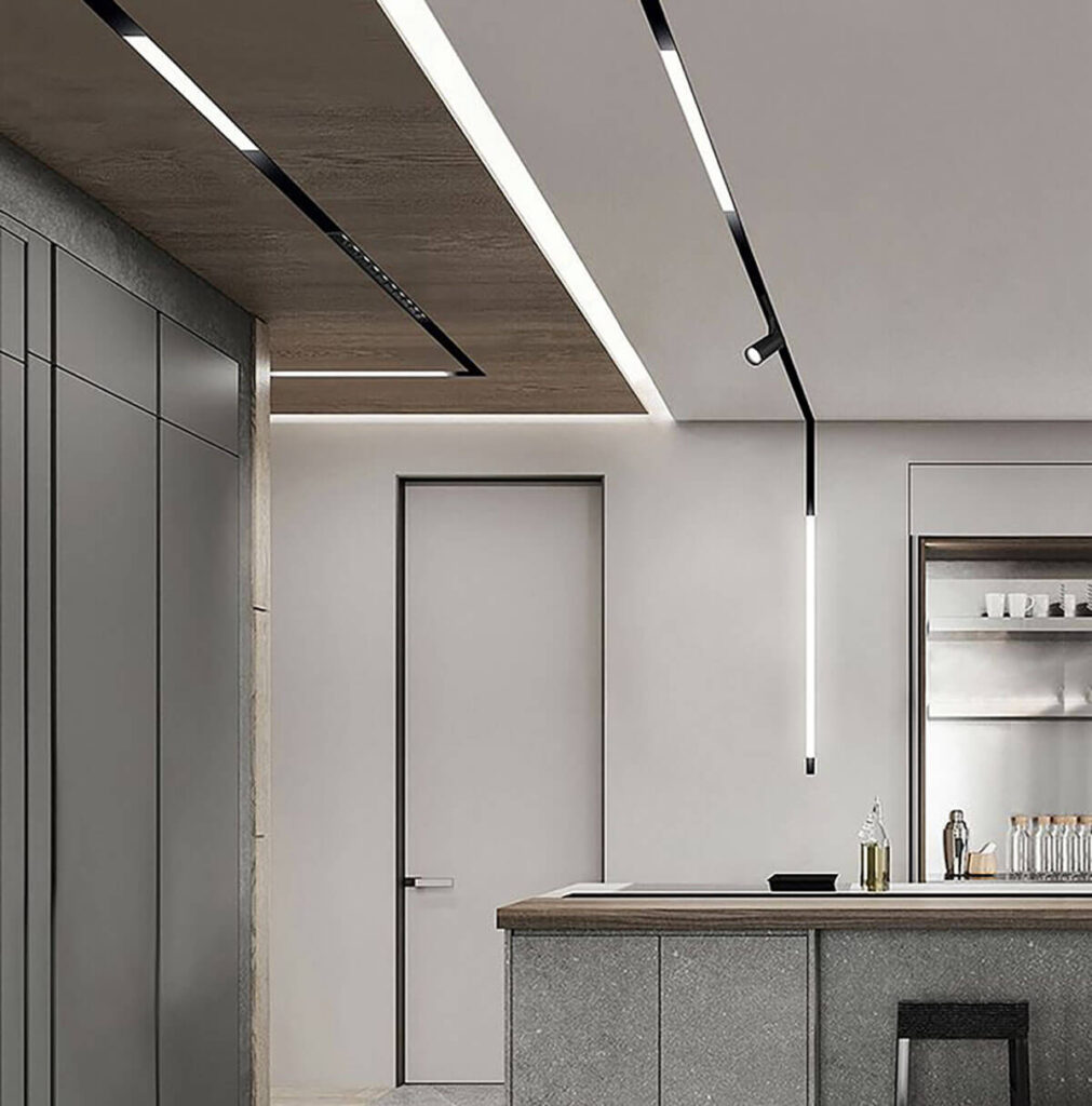 Iluminación de riel en cocina con estilo contemporáneo