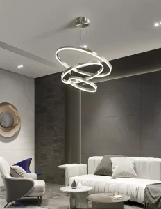 Elegantes luces colgantes LED en salón de diseño contemporáneo.