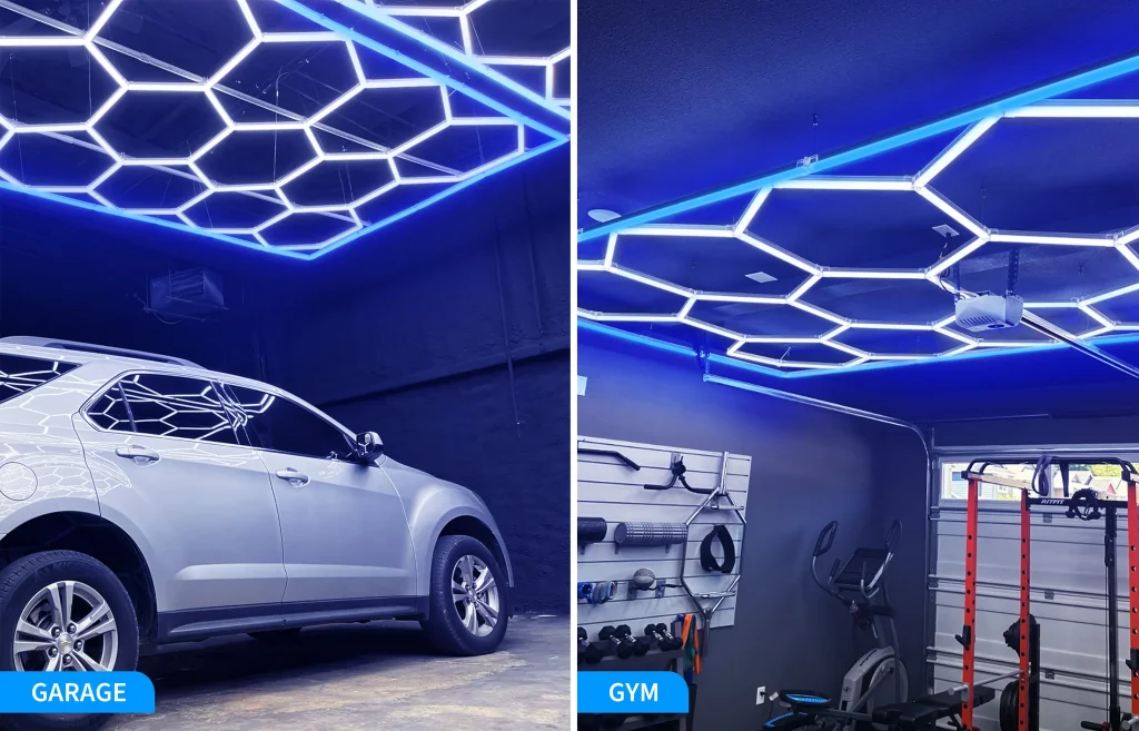Iluminación decorativa con hexágonos de luz LED en un gimnasio