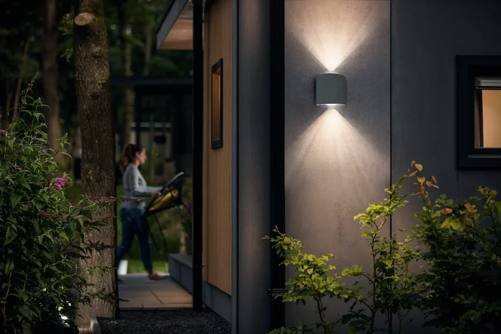 Luz LED exterior de pared iluminando una fachada moderna.