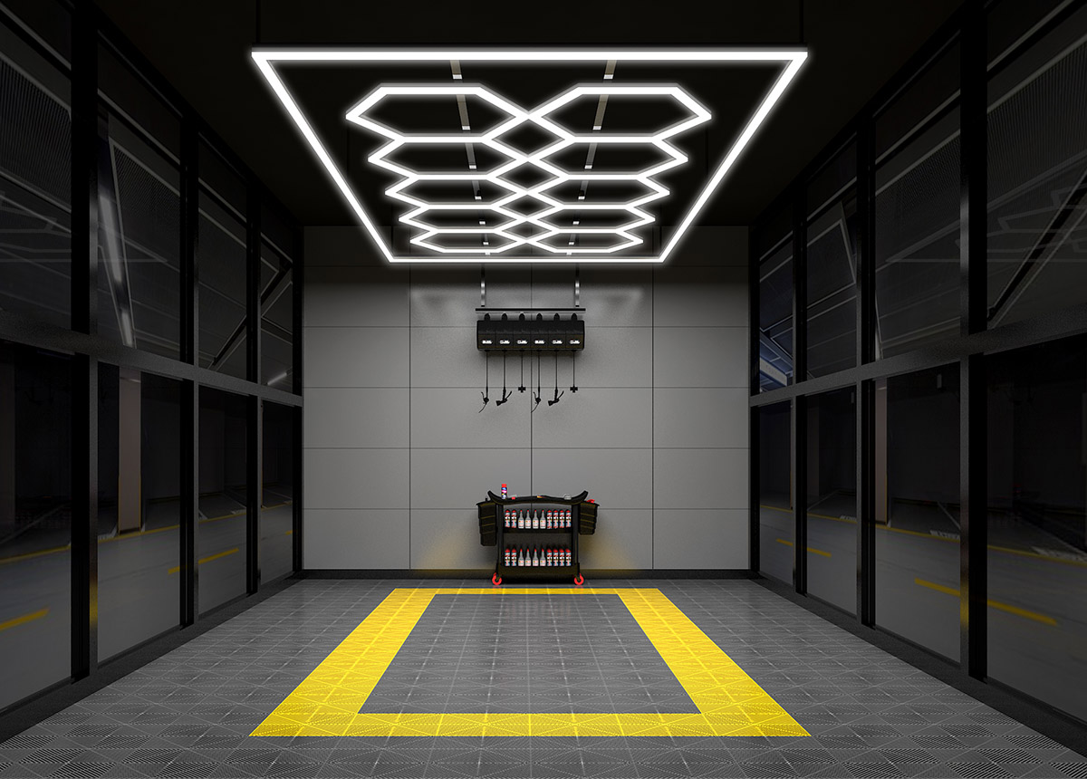 Hexágonos de luz LED con efecto RGB en un estudio de juegos